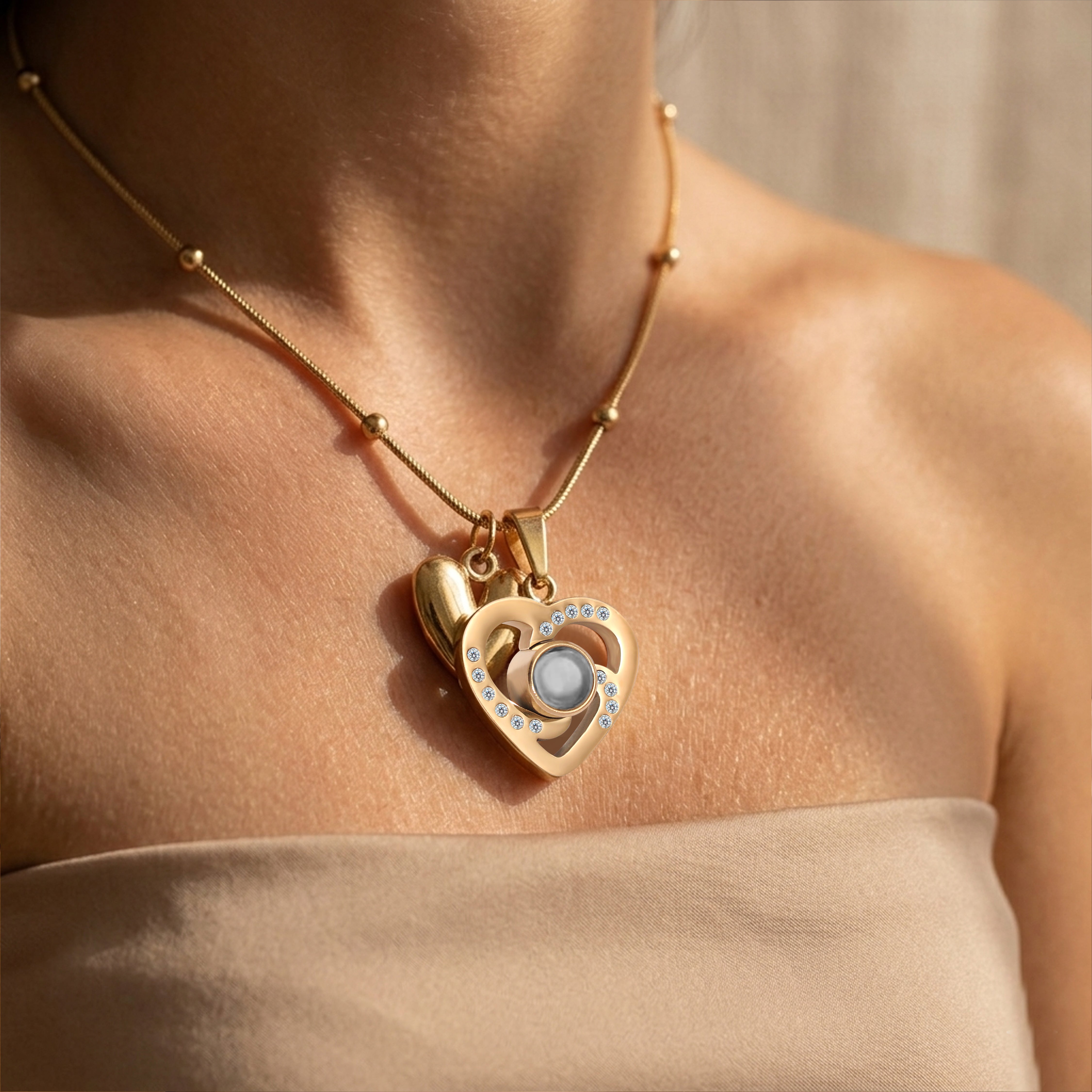 Zircon Studded Double Heart Necklace SnapEyelet