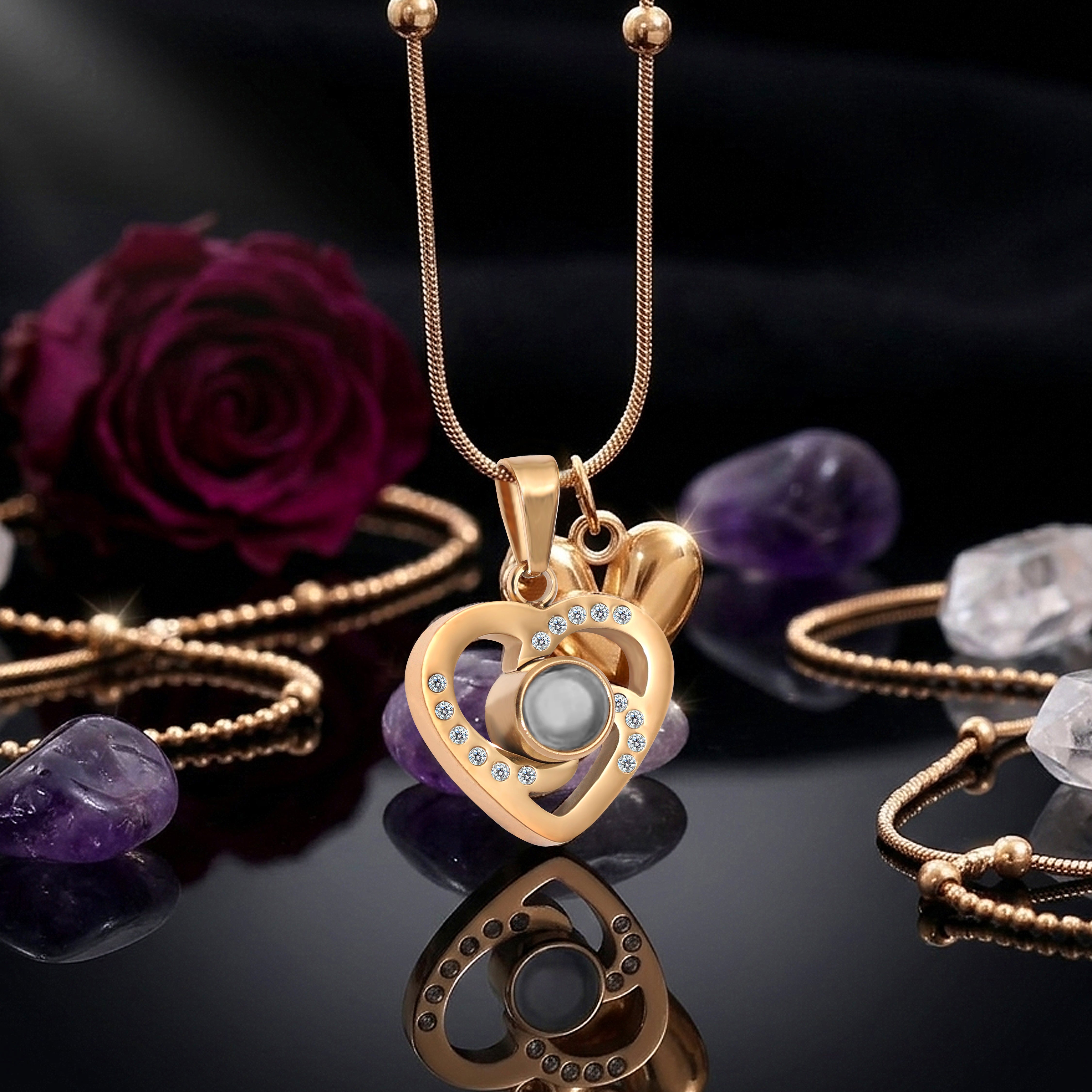 Zircon Studded Double Heart Necklace SnapEyelet